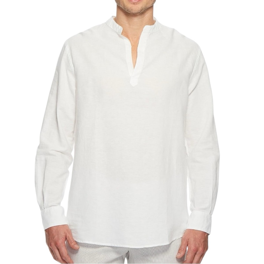 Perry Ellis Linen Solid White Linen Popover Shirt Mens Size M